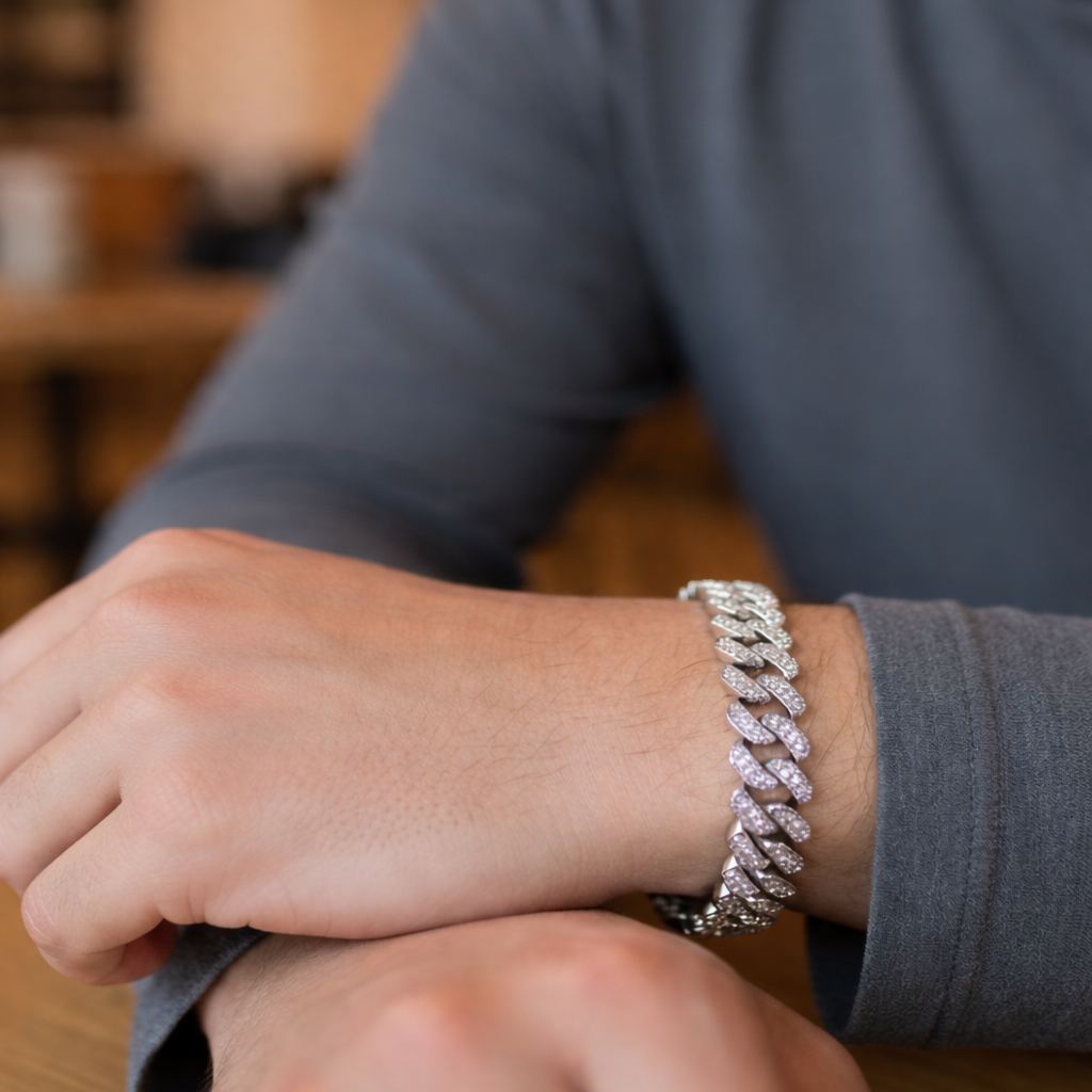 Encliff American Diamond bracelet featuring sparkling diamond-like stones and intricate design on a sleek metal band.