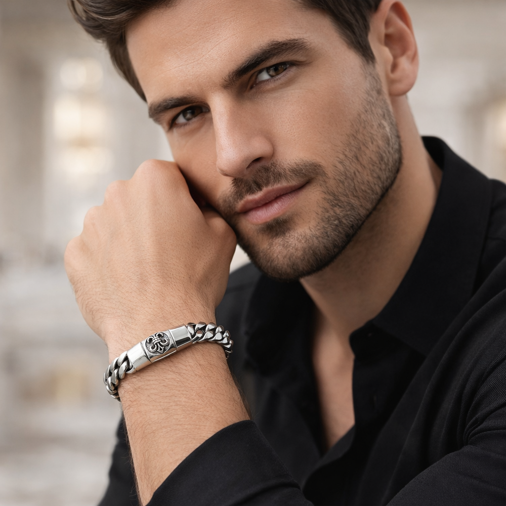 Shiny Cuban link bracelet by Encliff featuring polished interlocking gold-colored links on a white background.