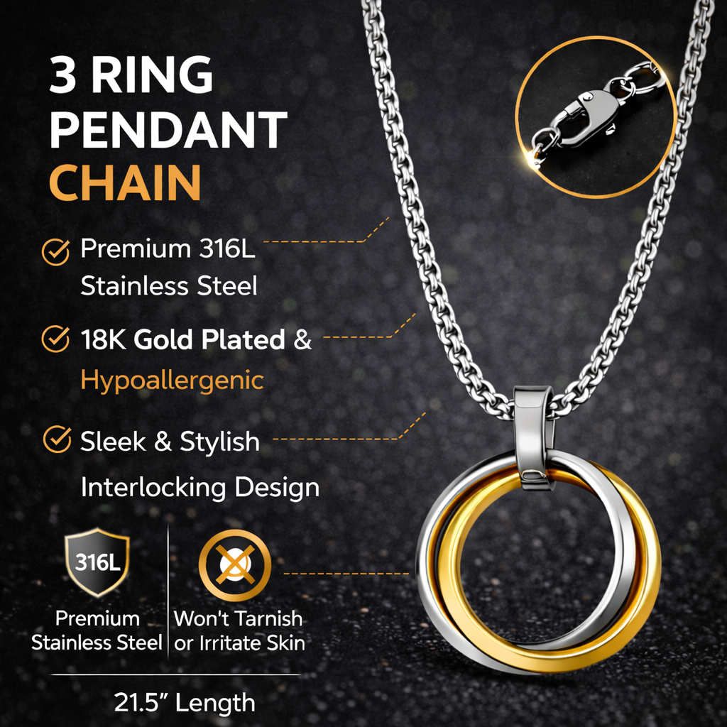 Silver 3-ring pendant chain by Encliff featuring interconnected rings on a sleek chain for a stylish jewelry look.
