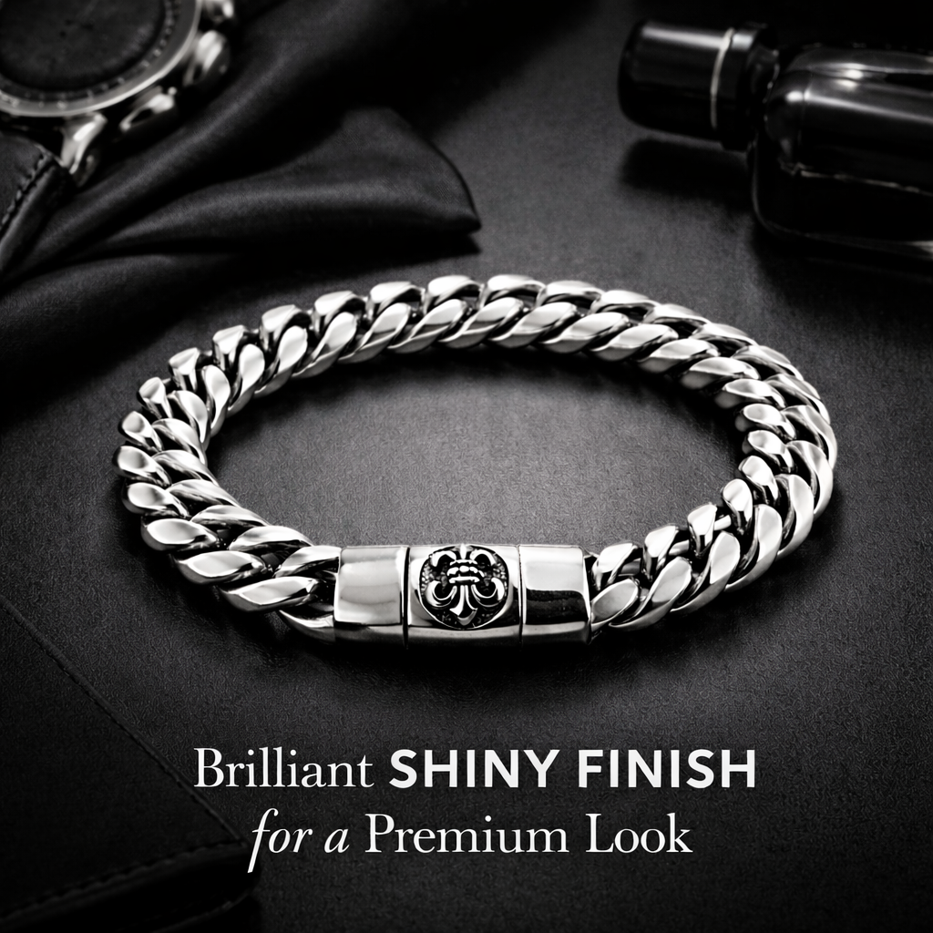 Shiny gold Cuban link bracelet by Encliff featuring thick, interlocking chain links with a polished finish.