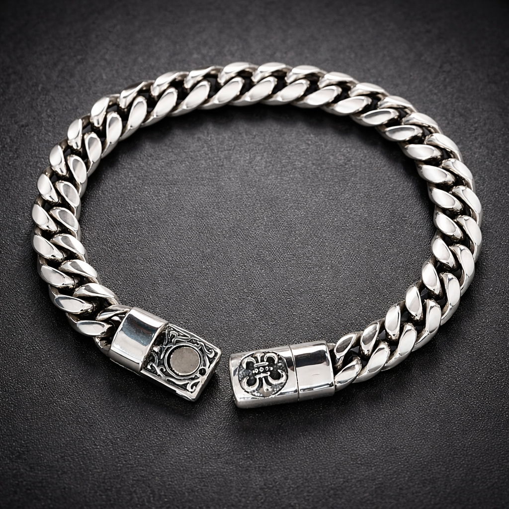 Shiny Cuban Link Bracelet by Encliff featuring polished gold-tone links and a secure clasp, stylish jewelry accessory.