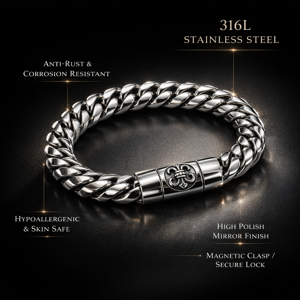 Shiny Cuban link bracelet by Encliff featuring polished stainless steel links with a sleek, reflective surface.