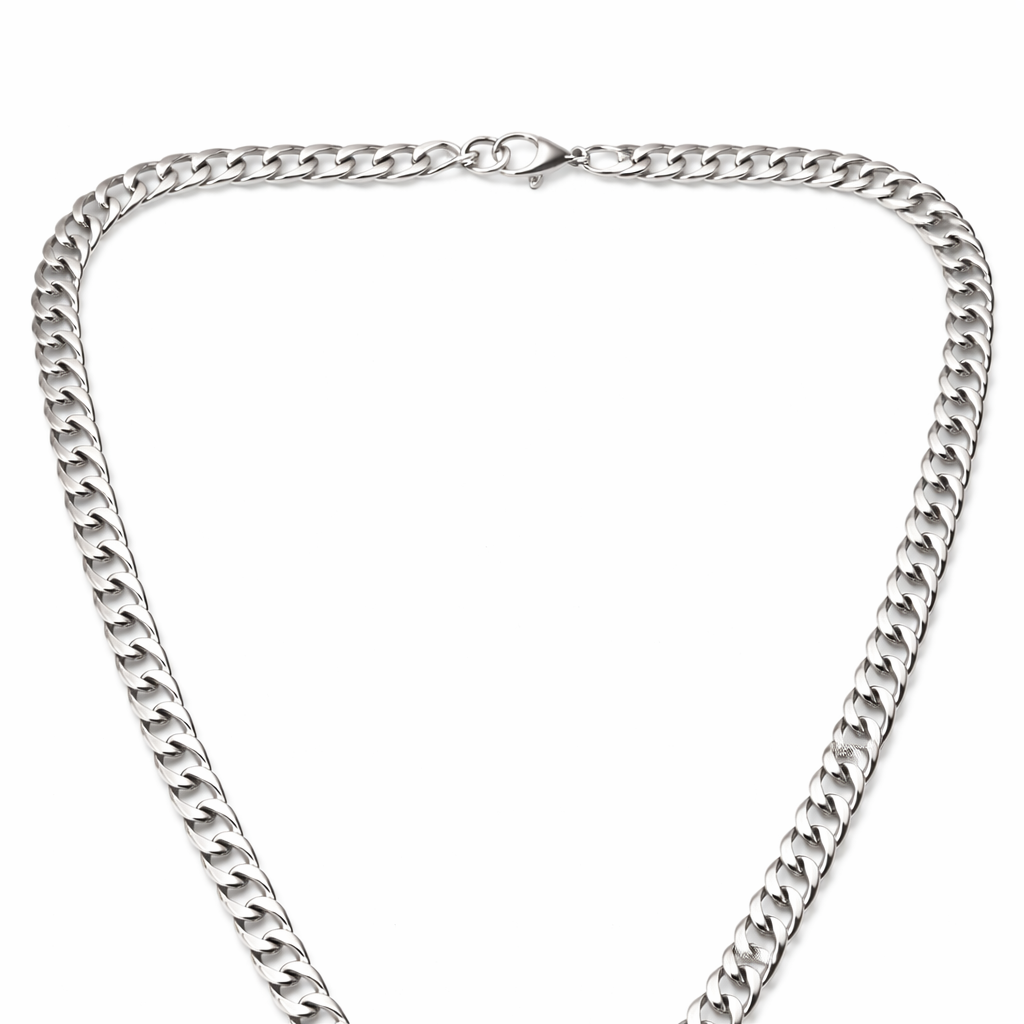 Encliff Cuban link chain showcasing thick interlocking metal links in a polished silver finish.