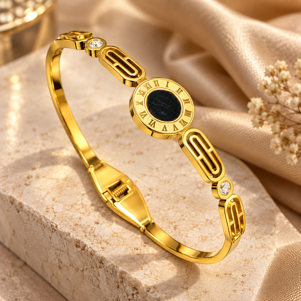 Roman Black Stone Gold Link Bracelet