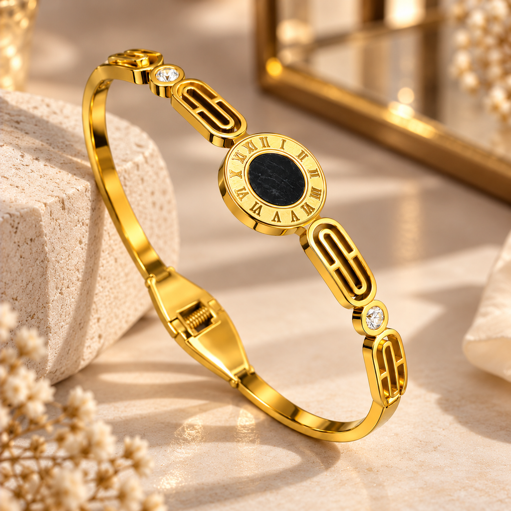 Roman Black Stone Gold Link Bracelet