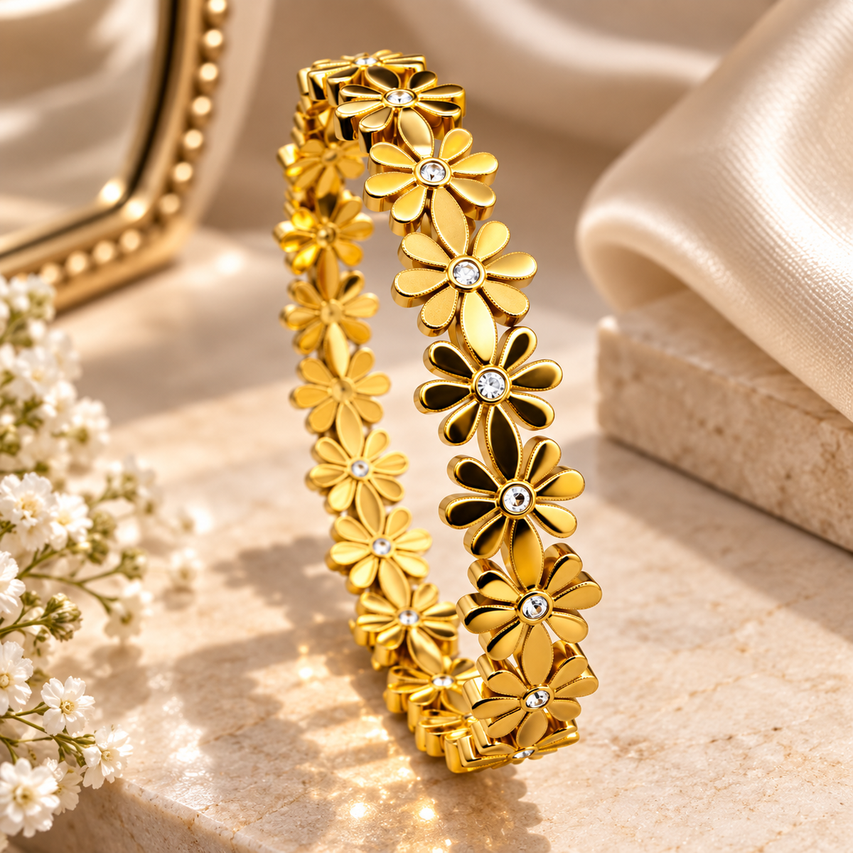 Premium Gold-Tone Floral Bracelet for Women with Crystal Accents