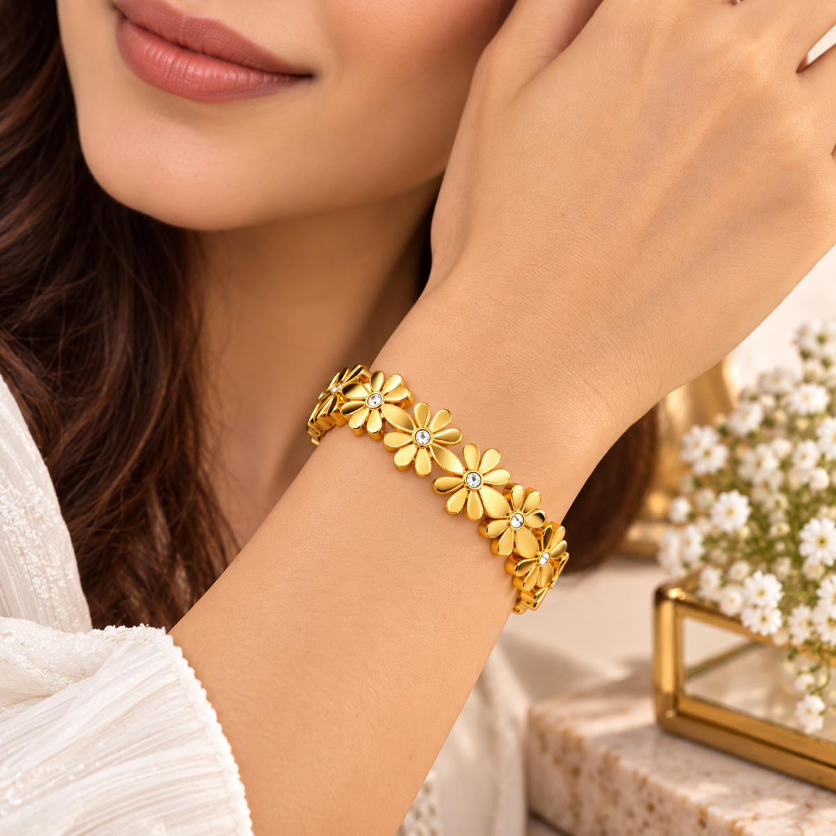 Premium Gold-Tone Floral Bracelet for Women with Crystal Accents