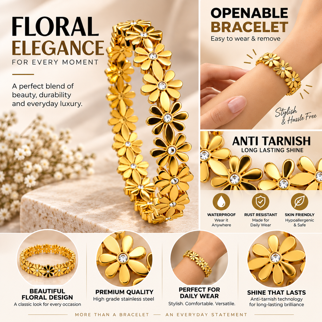 Premium Gold-Tone Floral Bracelet for Women with Crystal Accents