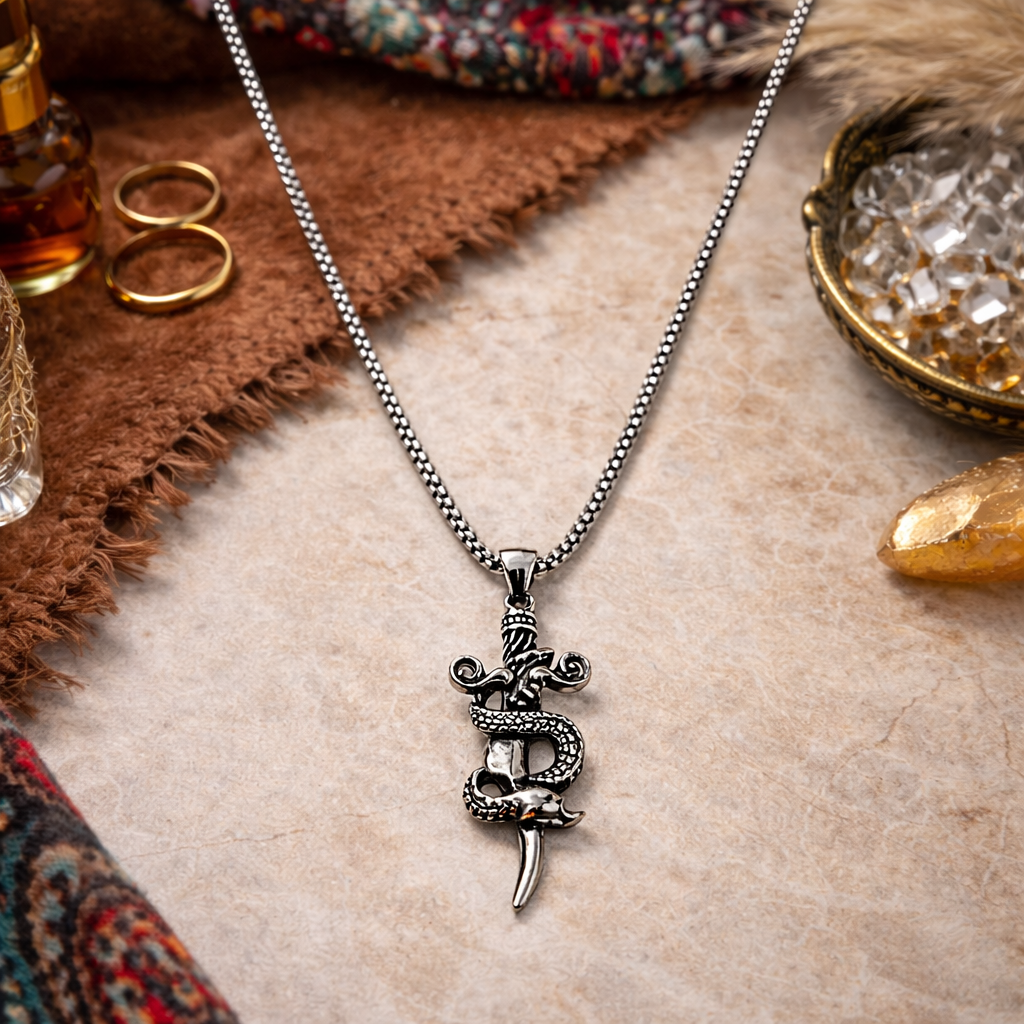 Encliff dragon pendant chain featuring a detailed dragon-shaped metal pendant on a sleek chain.