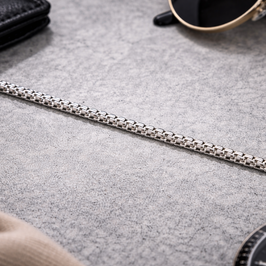 Encliff flat box chain necklace showing a sleek, square-linked metal design in silver finish.