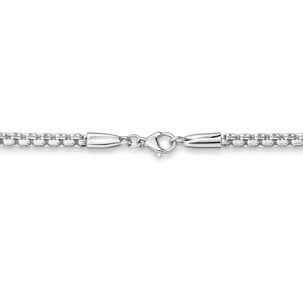 Silver flat box chain necklace by Encliff, showcasing interlocking rectangular links on a plain background.