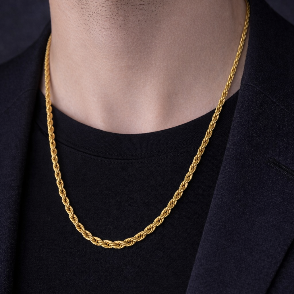 Gold plated rope chain by Encliff featuring a twisted, textured design for a stylish jewelry accessory.