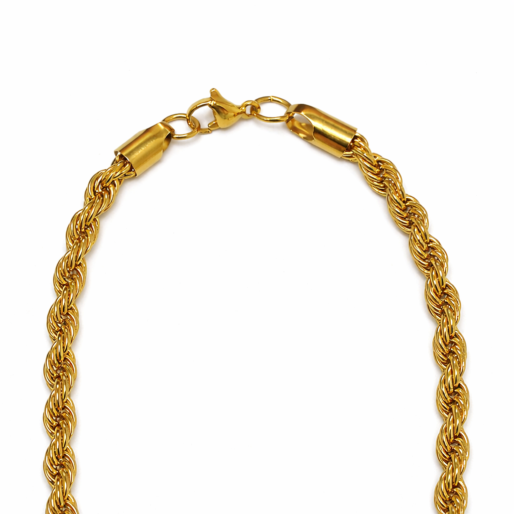 Gold plated rope chain by Encliff, close-up of the intricately twisted gold jewelry necklace on a plain background.