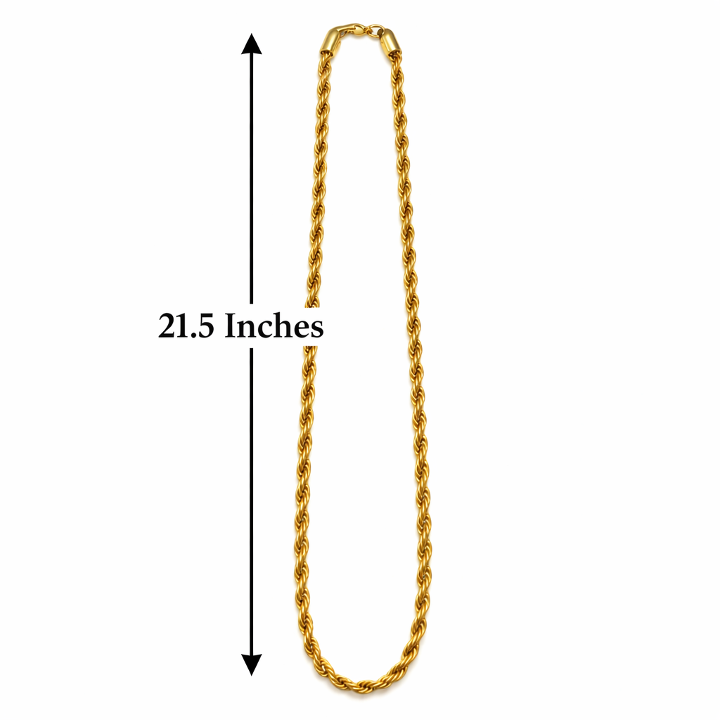 Shiny gold plated rope chain necklace from Encliff featuring a twisted, durable design on a plain background.