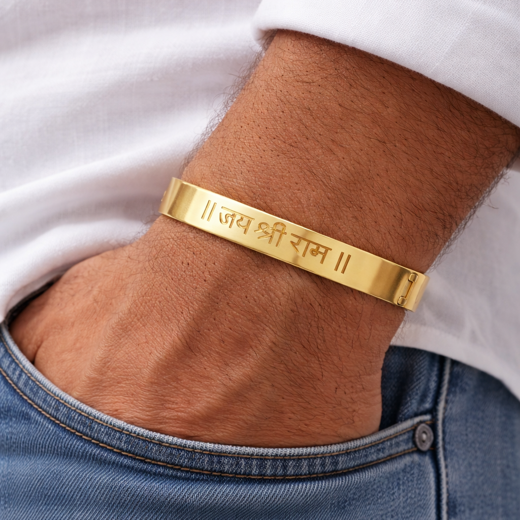 Encliff Jai Shree Ram Design Kada bracelet featuring intricate spiritual symbols in silver-tone metal.