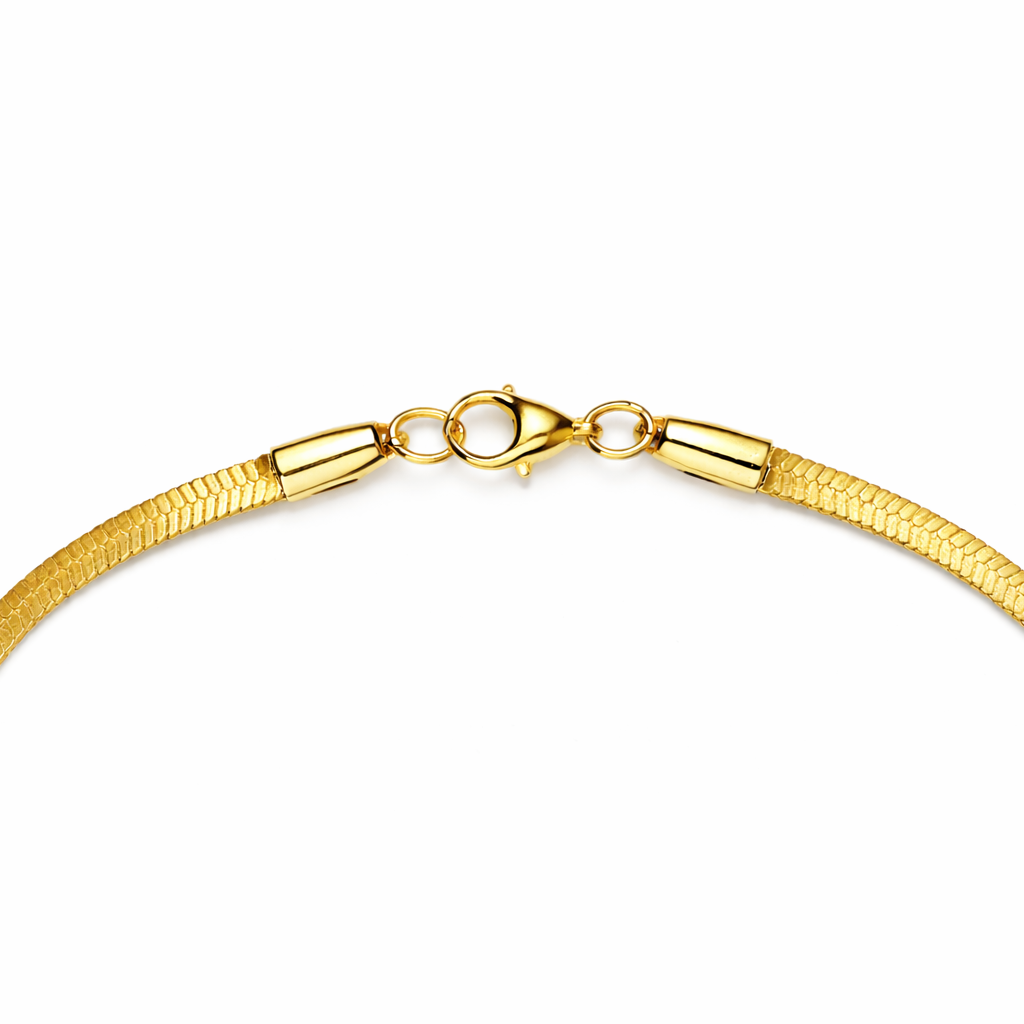 Shiny silver Encliff snake chain necklace with smooth, flexible links lying flat against a white background.