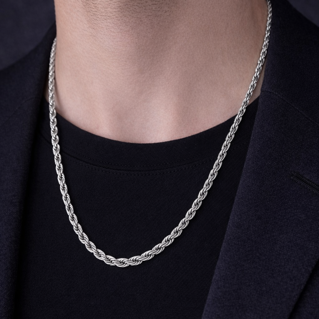 Silver plated rope chain from Encliff with twisted design, close-up showing shiny, textured links.
