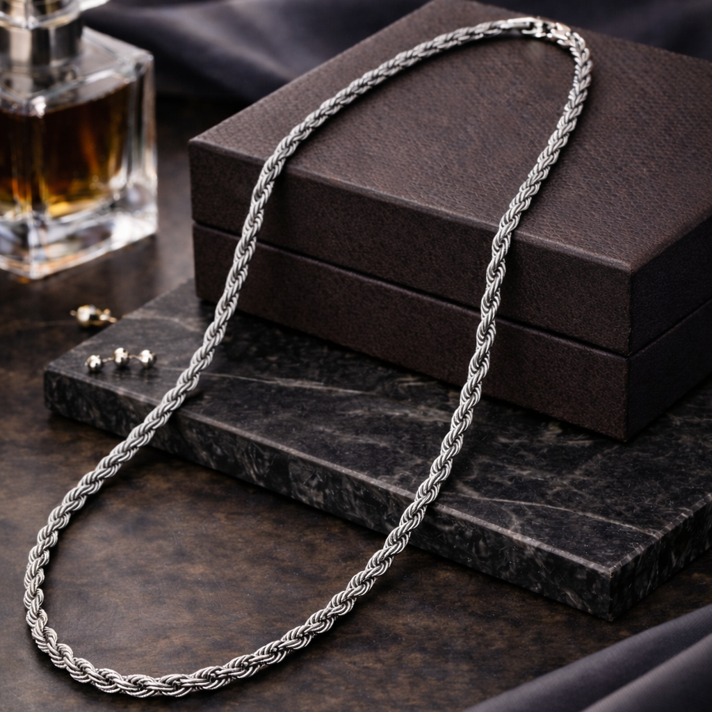 Silver plated rope chain by Encliff with intricate twisted design, close-up view highlighting its shiny, durable finish.