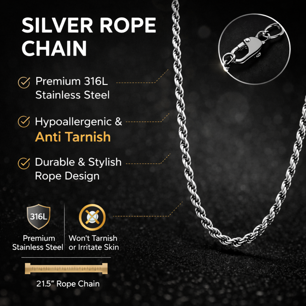 Silver plated rope chain from Encliff with twisted design, showcasing a shiny, durable jewelry piece on a neutral background.