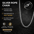 Silver plated rope chain from Encliff with twisted design, showcasing a shiny, durable jewelry piece on a neutral background.