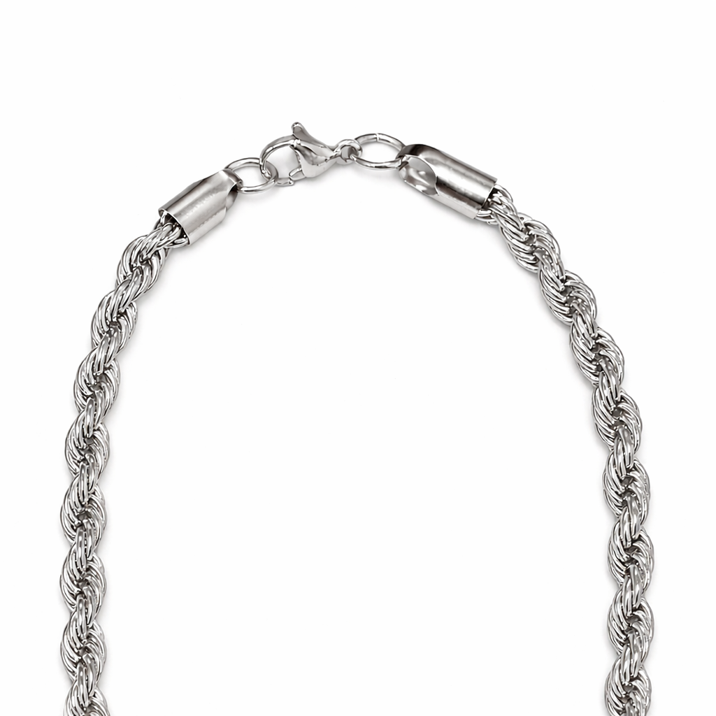 Silver plated rope chain by Encliff with twisted design, close-up view highlighting its shiny, textured surface and chain links.