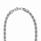 Silver plated rope chain by Encliff with twisted design, close-up view highlighting its shiny, textured surface and chain links.