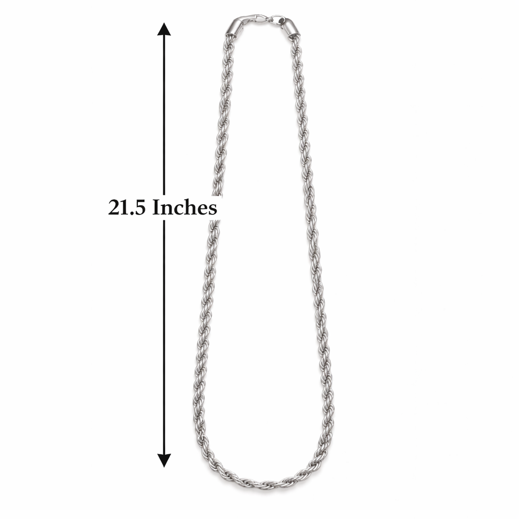 Silver plated rope chain by Encliff featuring a twisted rope design, close-up view showing its shiny, intricate links.